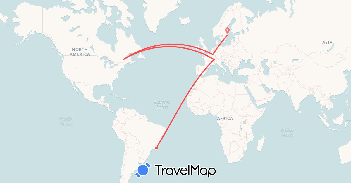 TravelMap itinerary: plane, hiking in Belgium, Brazil, Canada, Switzerland, Denmark, Sweden (Europe, North America, South America)